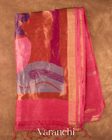 Rose Pink Sequin Embroidered Pure Silk Linen Handloom Saree