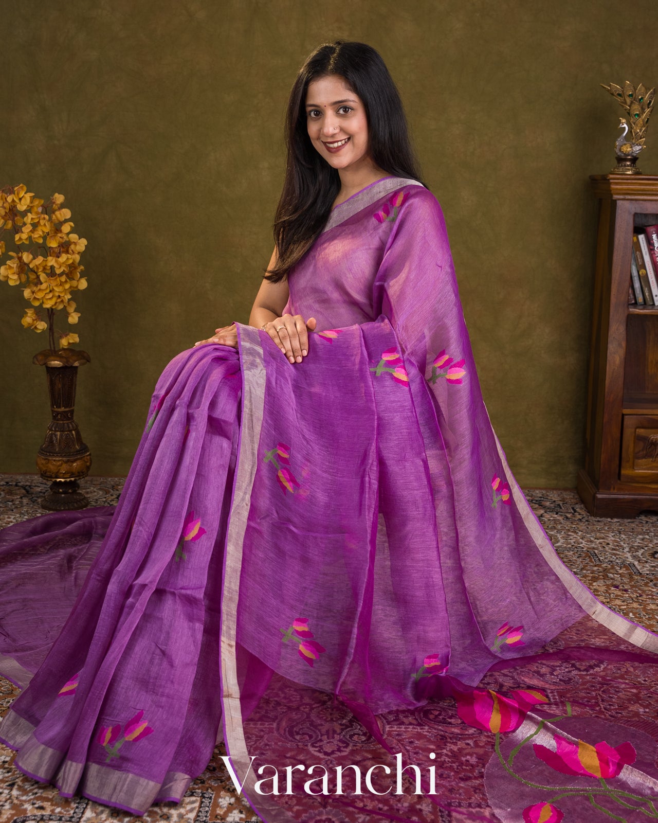 Purple Lotus Jamdani Pure Silk Linen Handloom Saree