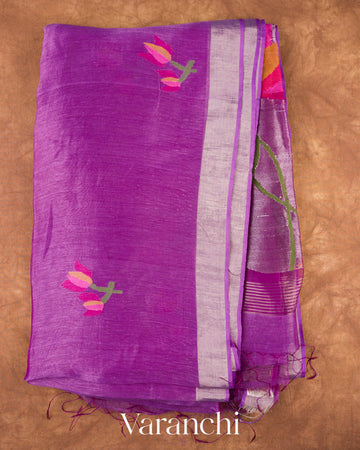 Purple Lotus Jamdani Pure Silk Linen Handloom Saree