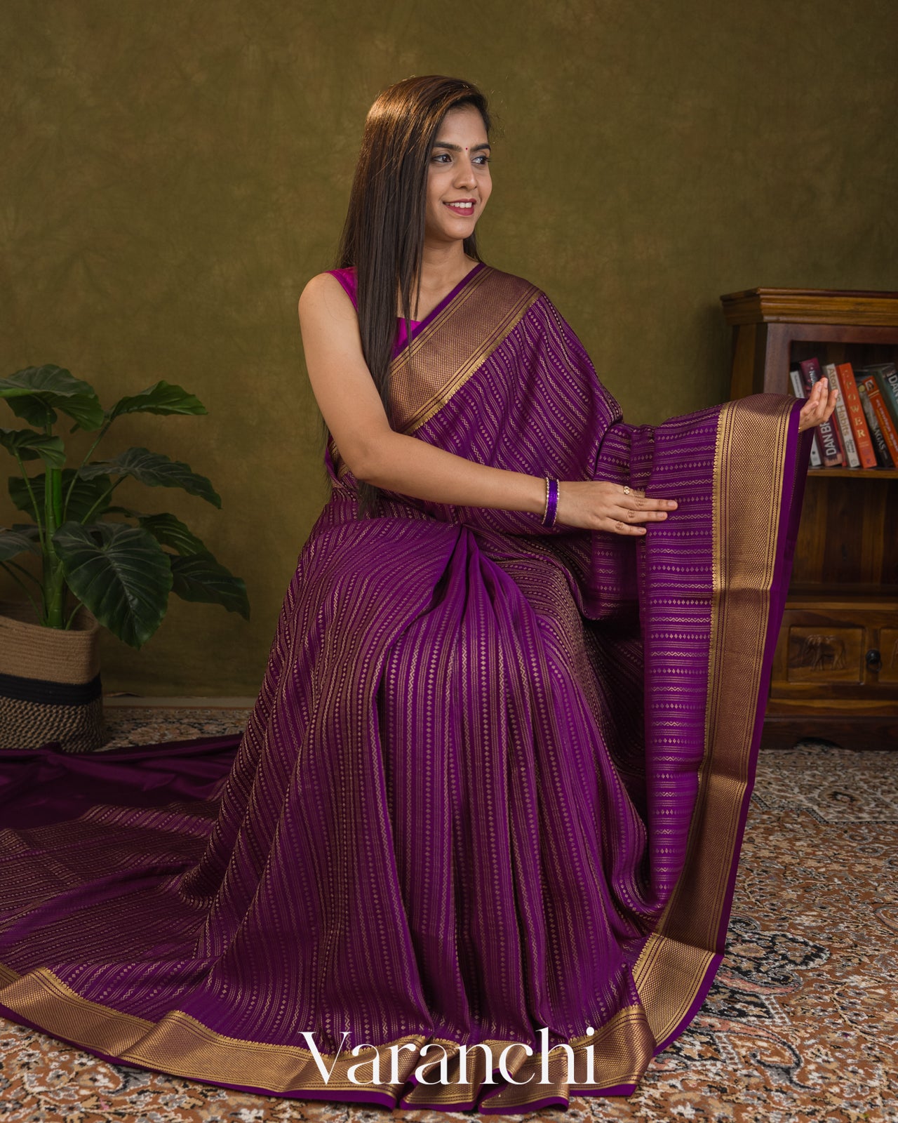 Deep Purple Striped Pure Mysore Crepe Silk Saree