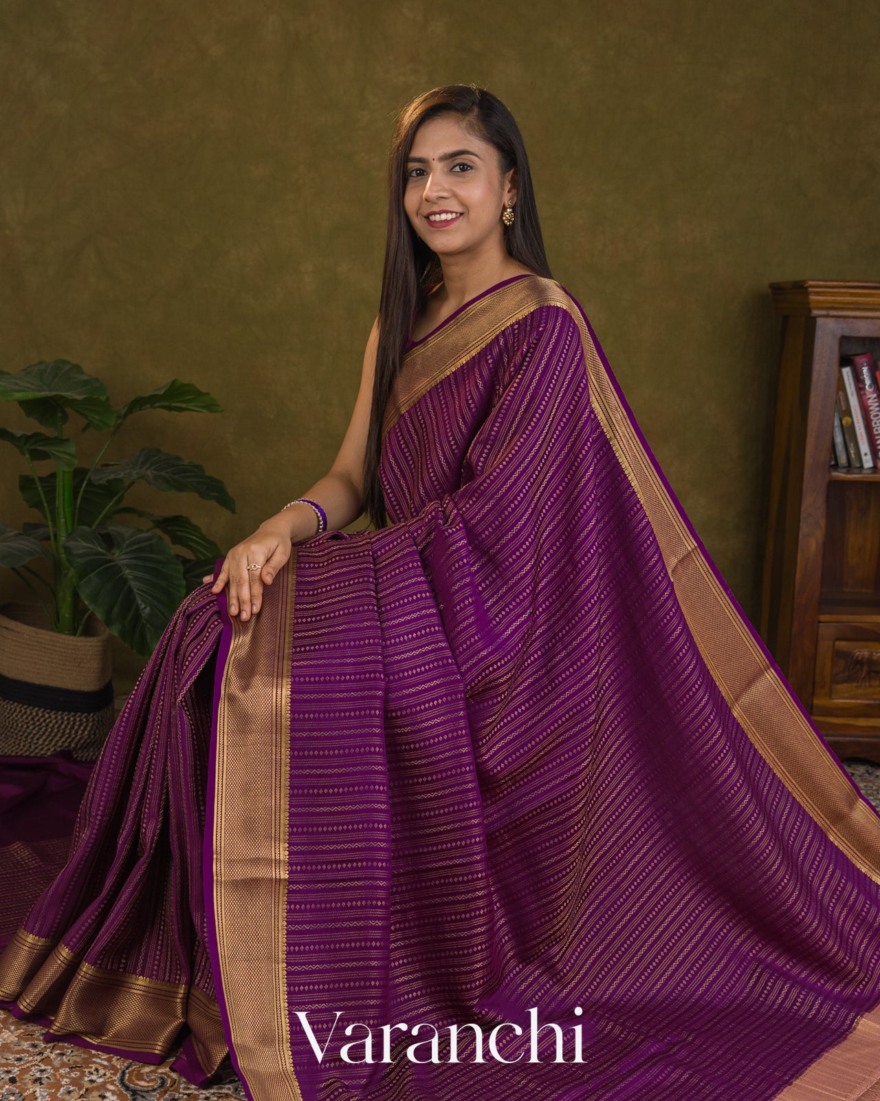 Deep Purple Striped Pure Mysore Crepe Silk Saree