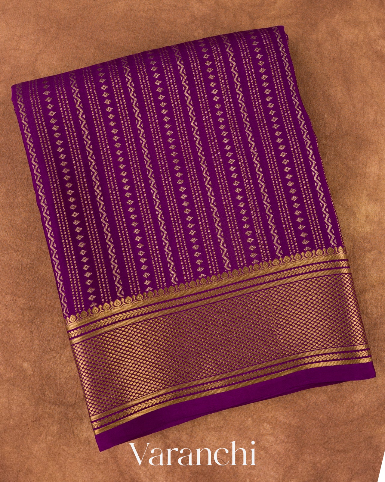 Deep Purple Striped Pure Mysore Crepe Silk Saree