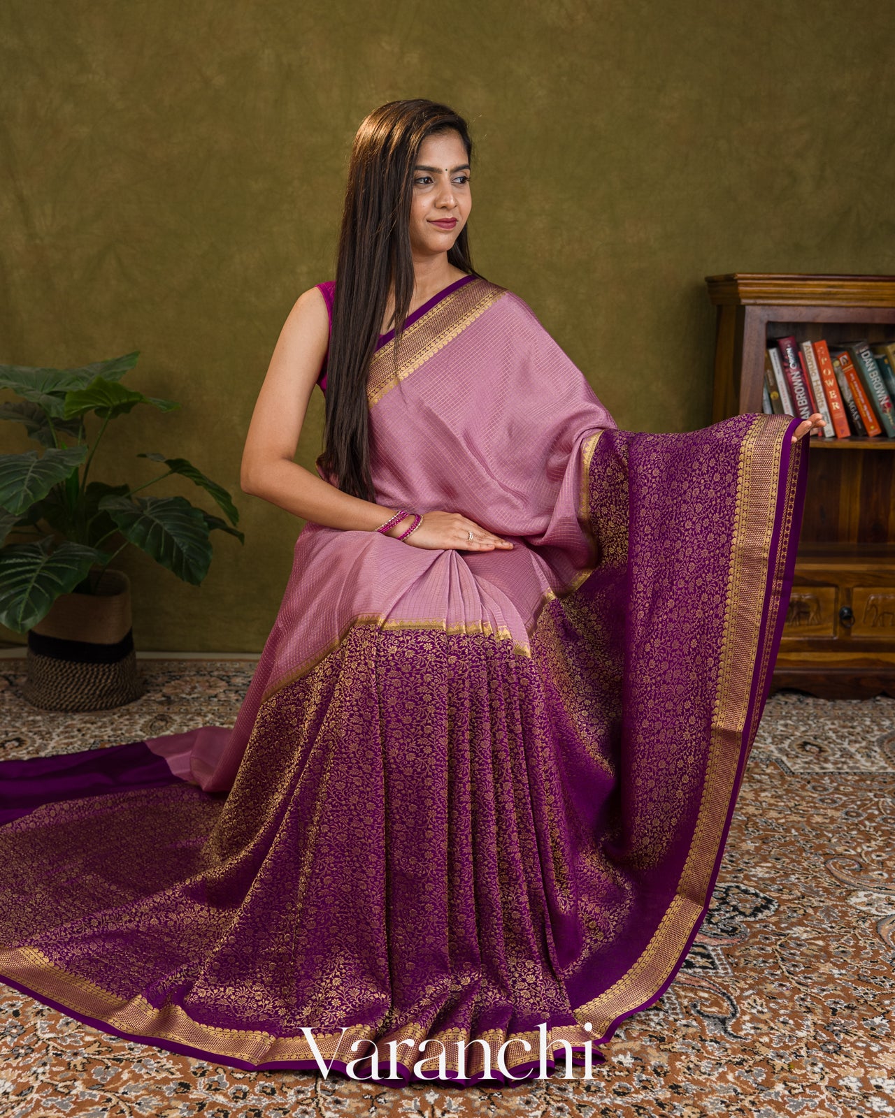 Deep Purple Checks and Brocade Pure Mysore Crepe Silk Saree