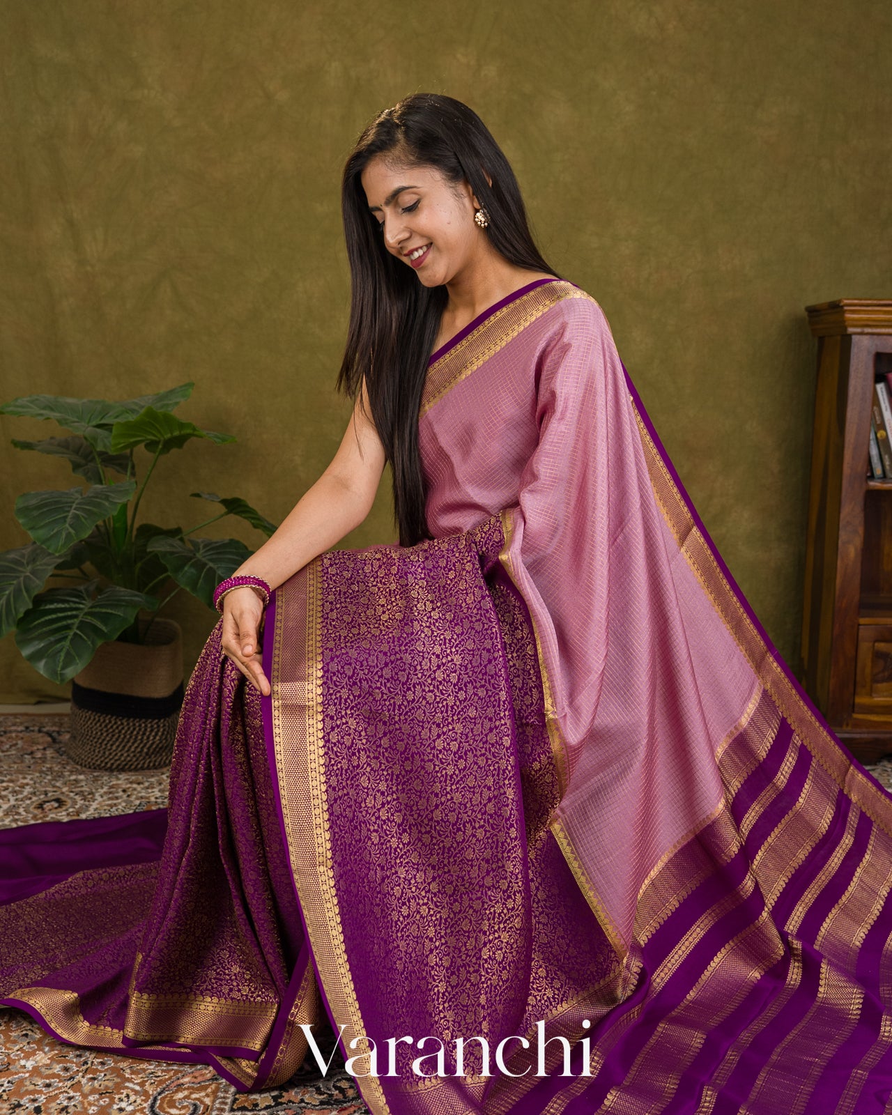 Deep Purple Checks and Brocade Pure Mysore Crepe Silk Saree