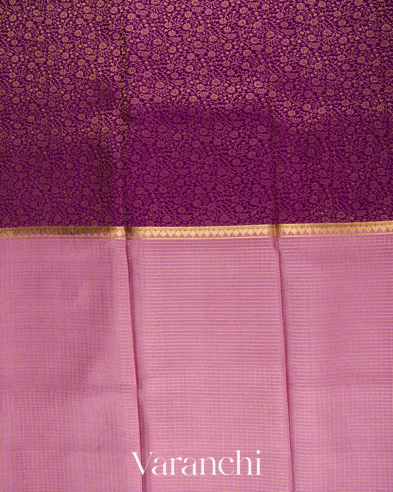 Deep Purple Checks and Brocade Pure Mysore Crepe Silk Saree