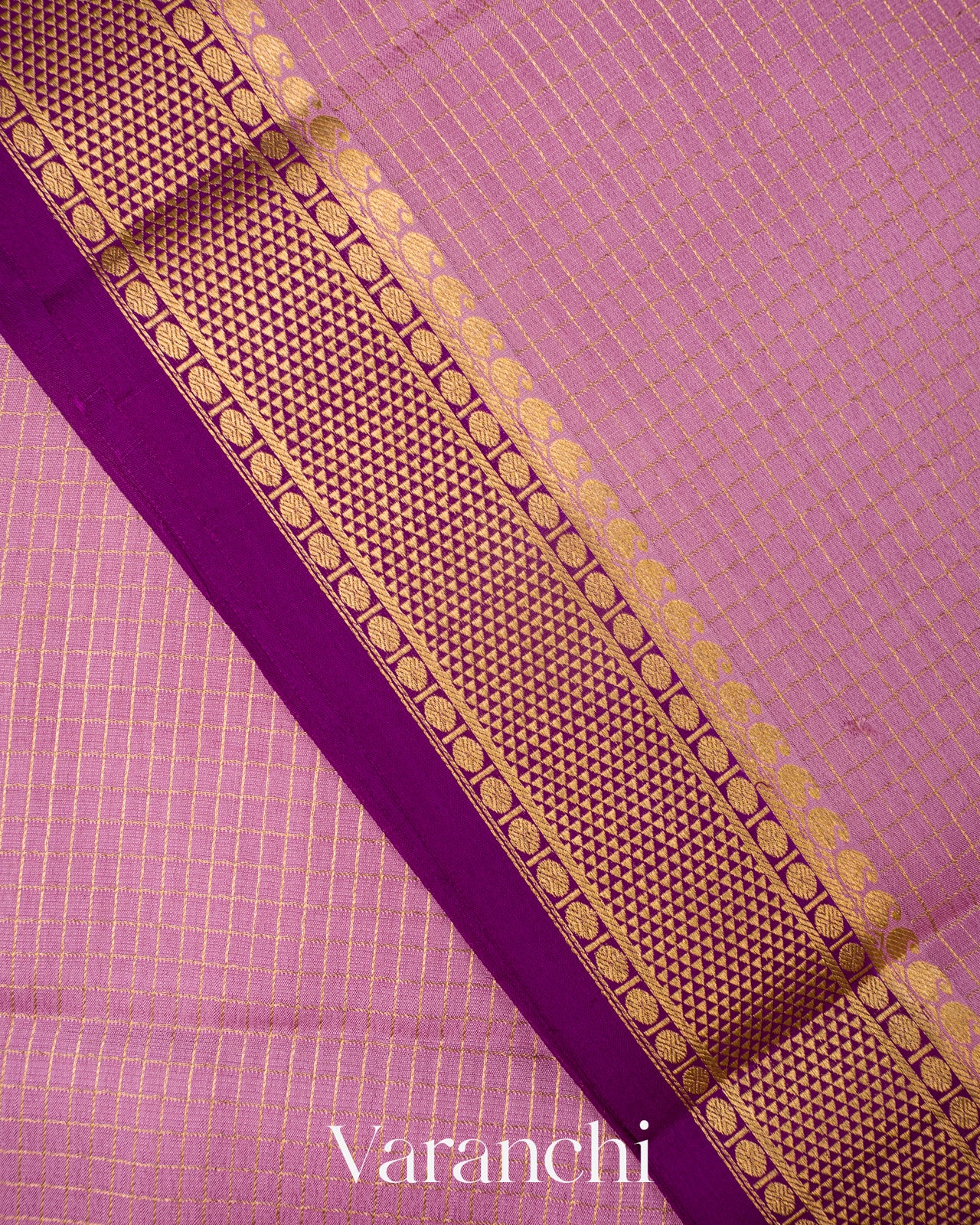 Deep Purple Checks and Brocade Pure Mysore Crepe Silk Saree