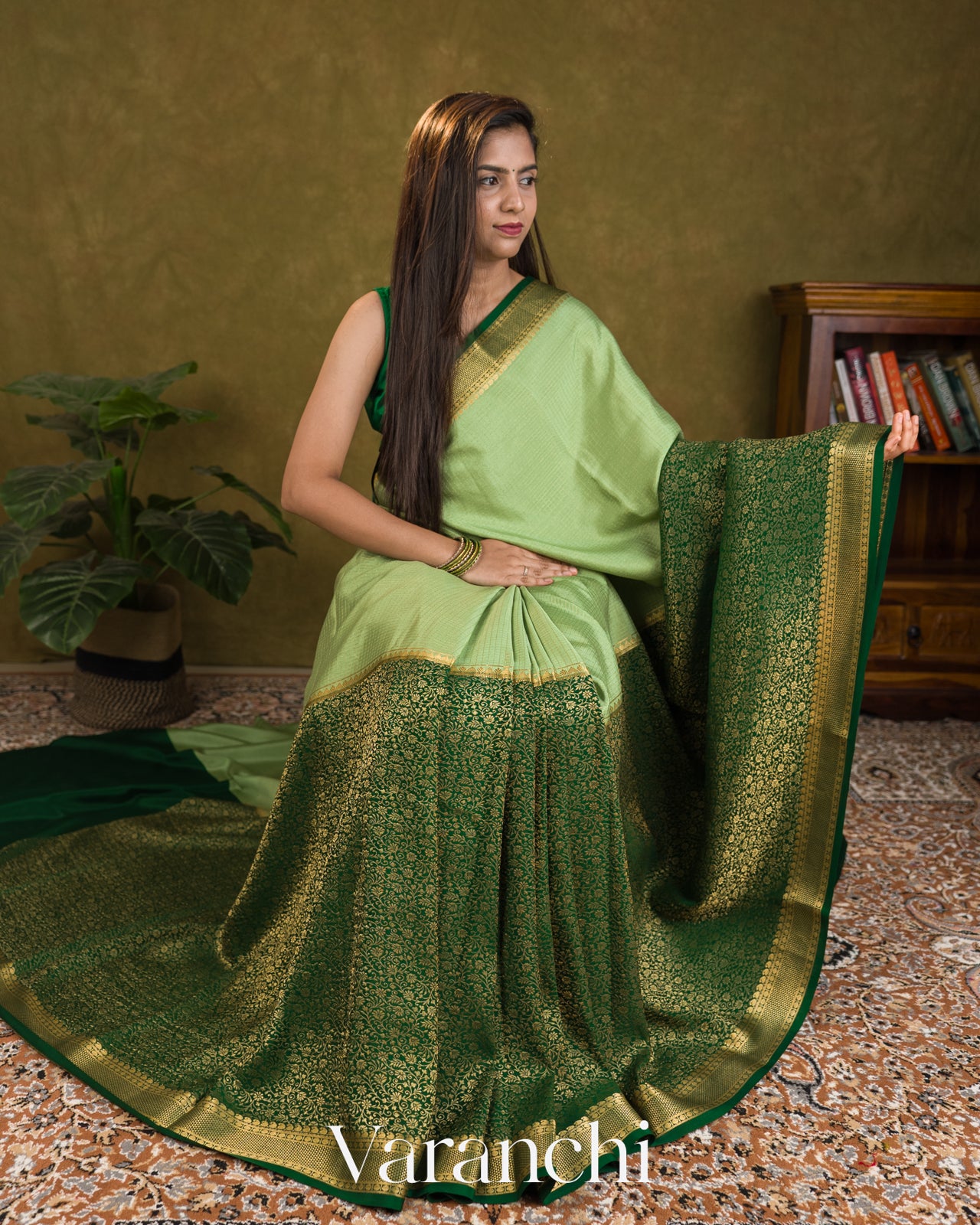 Bottle Green Checks and Brocade Pure Mysore Crepe Silk Saree