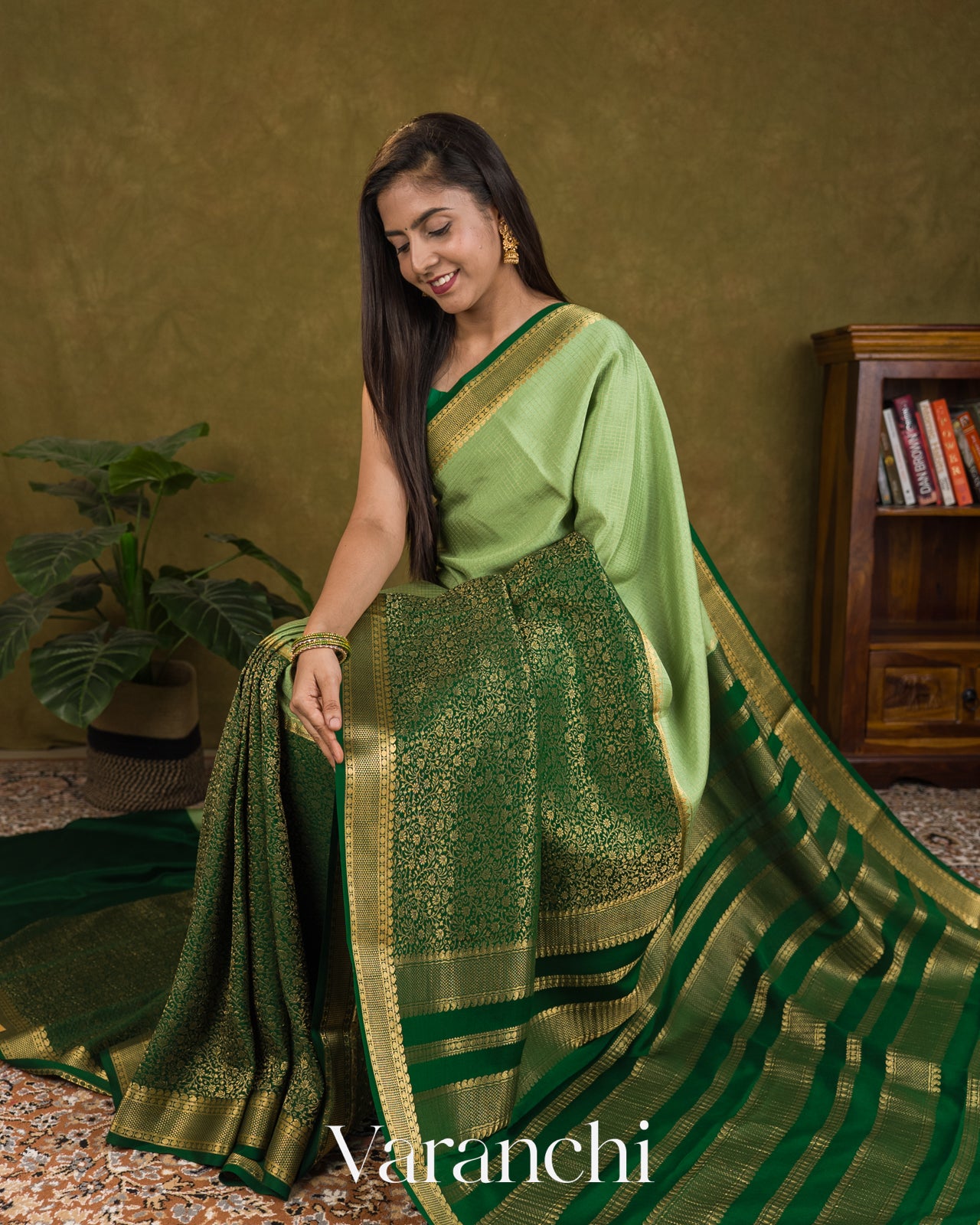 Bottle Green Checks and Brocade Pure Mysore Crepe Silk Saree