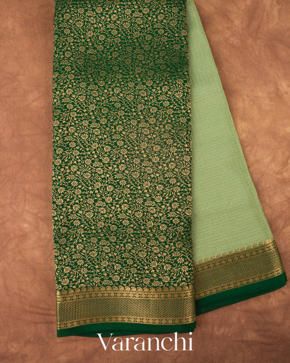 Bottle Green Checks and Brocade Pure Mysore Crepe Silk Saree
