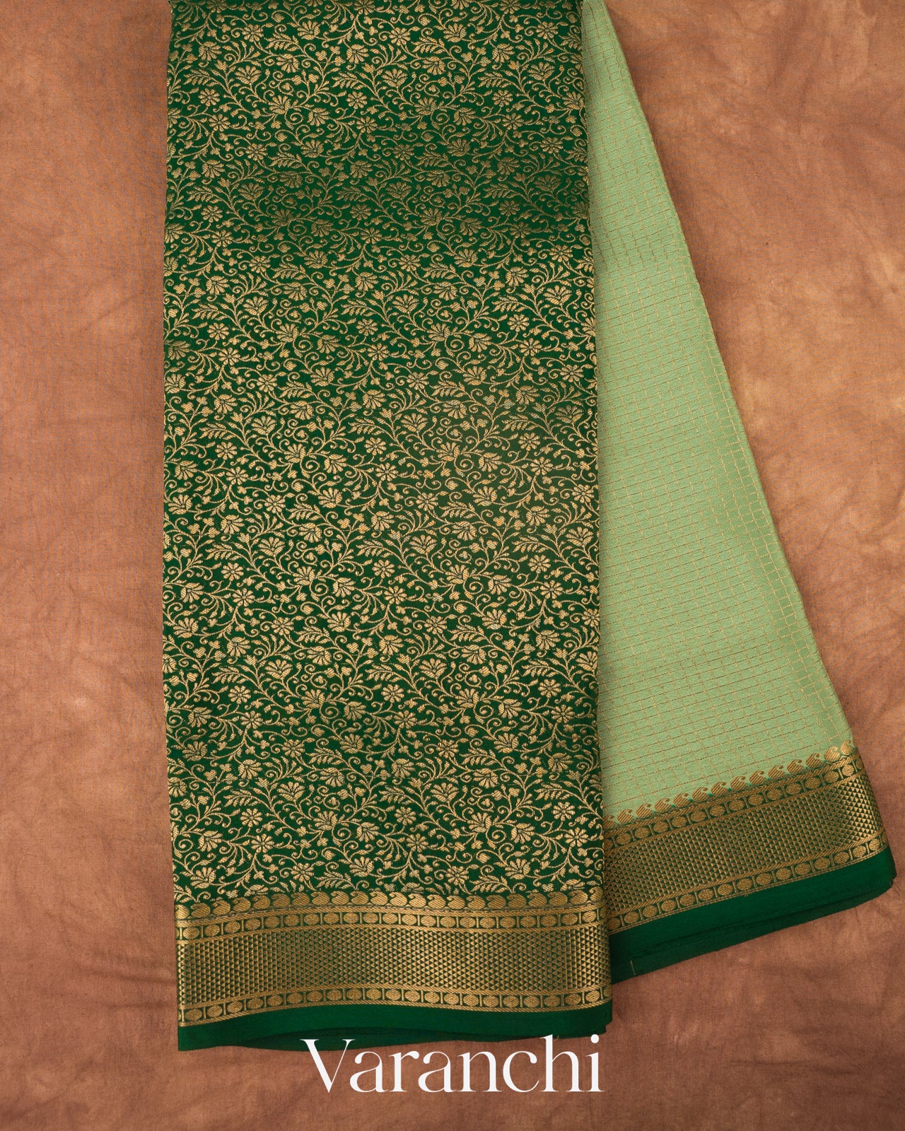Bottle Green Checks and Brocade Pure Mysore Crepe Silk Saree
