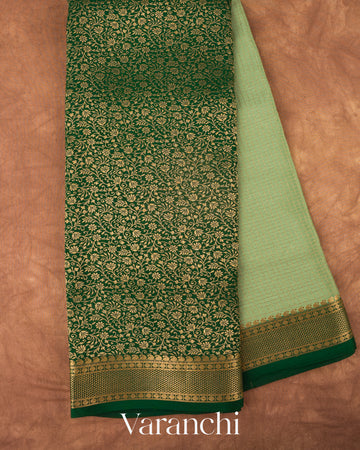 Bottle Green Checks and Brocade Pure Mysore Crepe Silk Saree