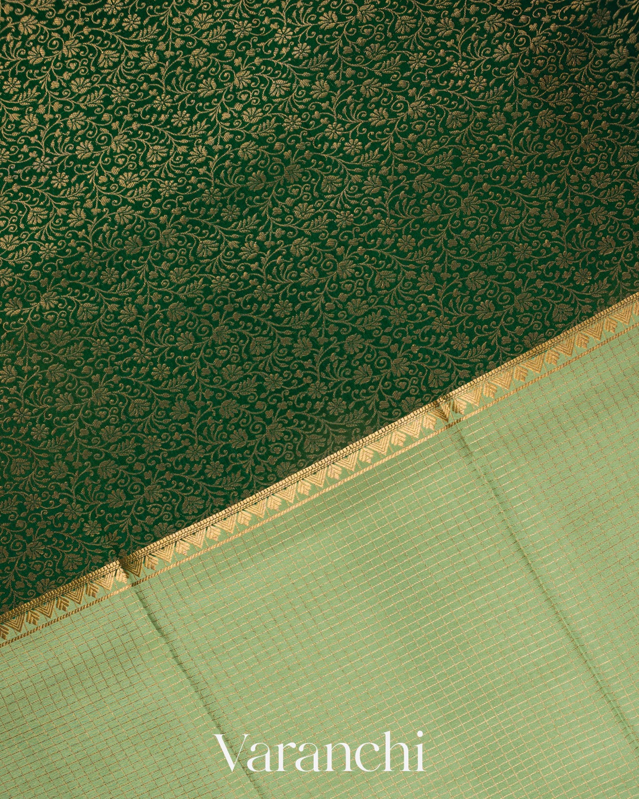 Bottle Green Checks and Brocade Pure Mysore Crepe Silk Saree