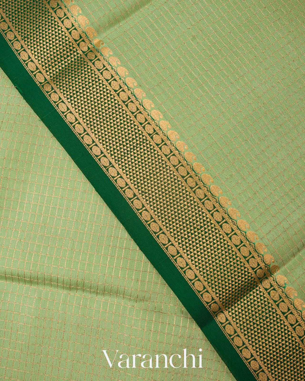 Bottle Green Checks and Brocade Pure Mysore Crepe Silk Saree