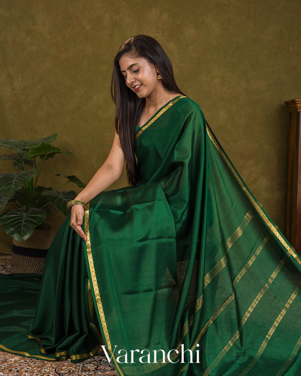 Bottle Green Pure Mysore Crepe Silk Saree