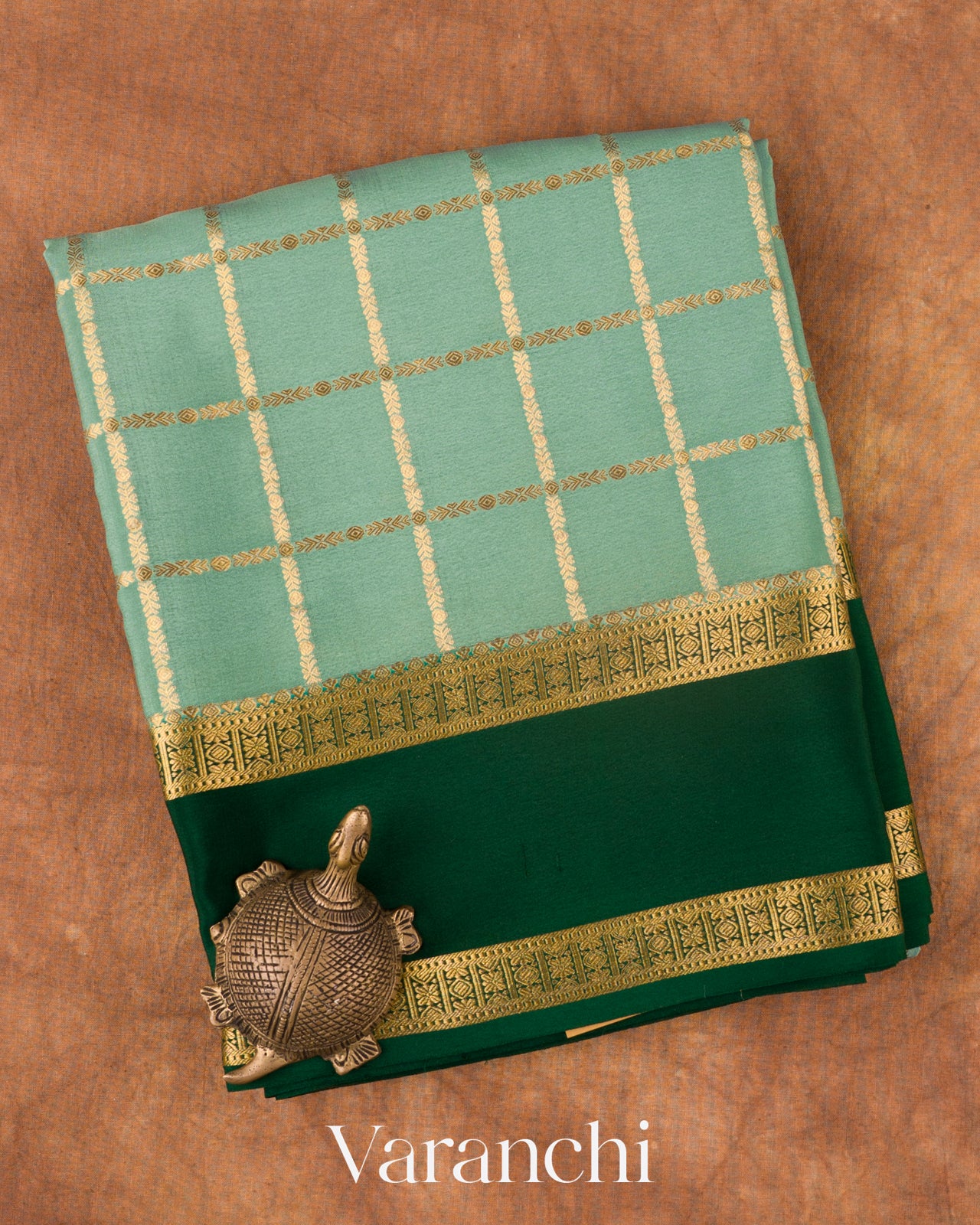 Sea Green Checkered Pure Mysore Crepe Silk Saree