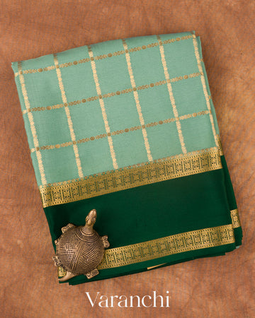 Sea Green Checkered Pure Mysore Crepe Silk Saree