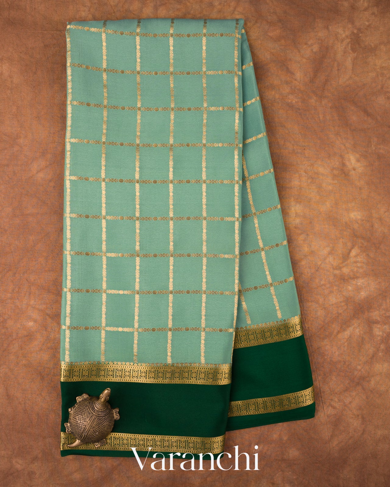 Sea Green Checkered Pure Mysore Crepe Silk Saree