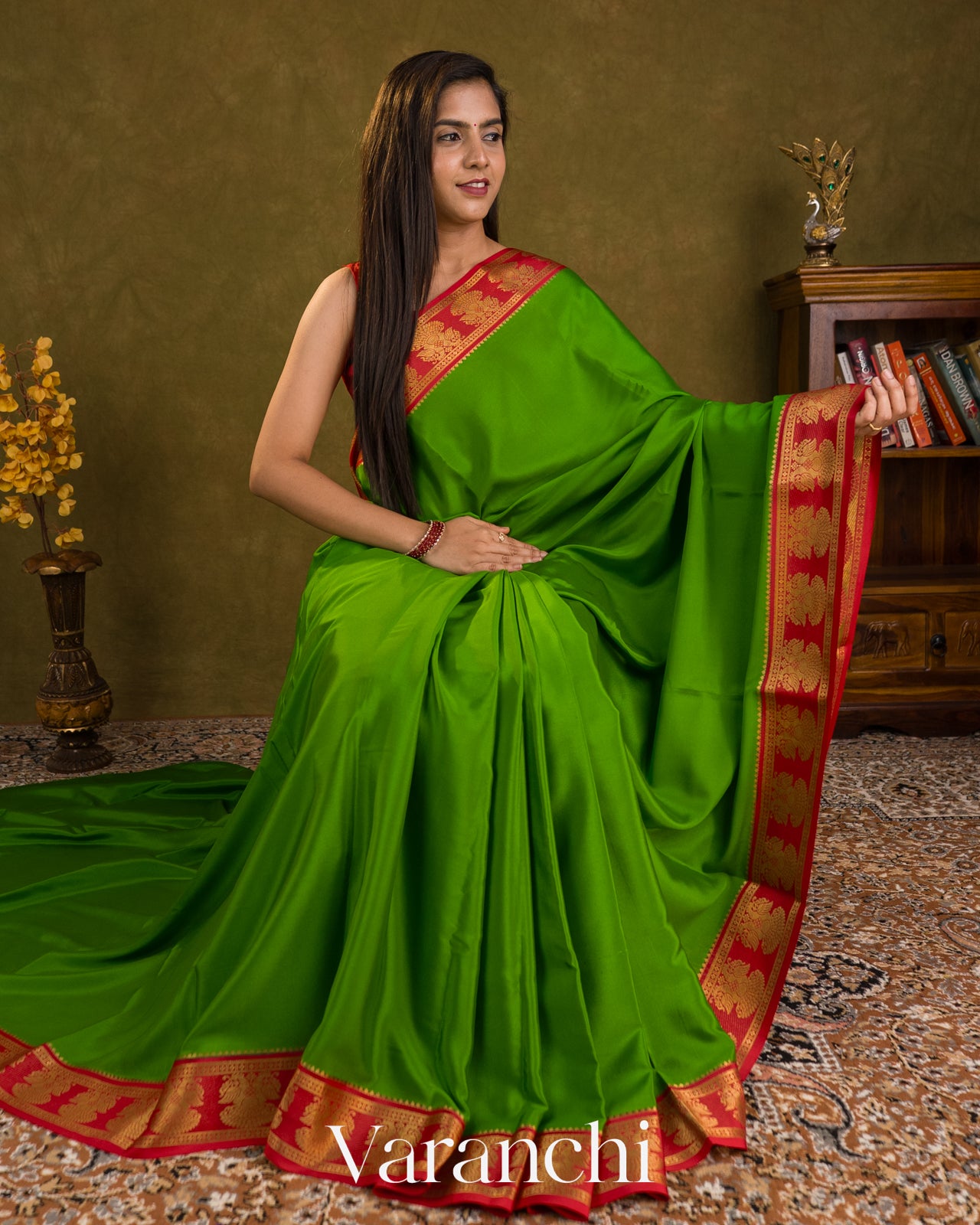 Parrot Green Pure Mysore Crepe Silk Saree