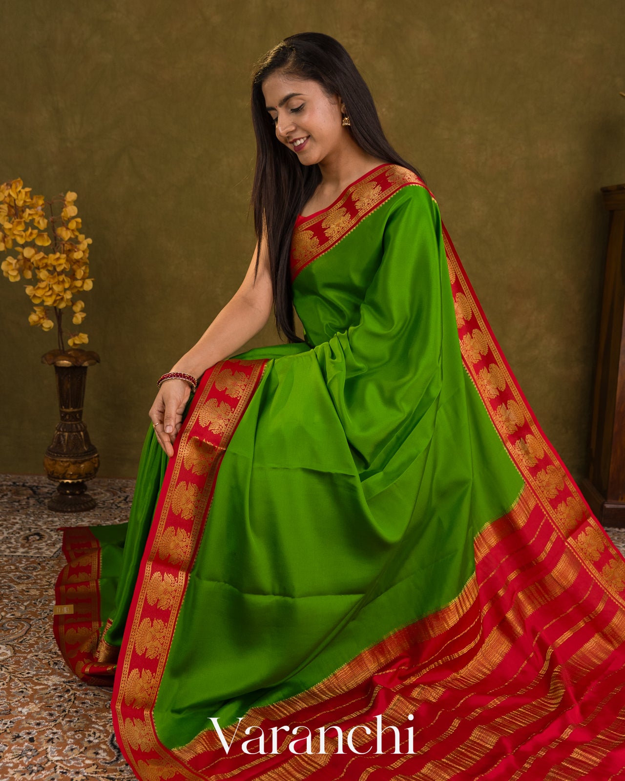 Parrot Green Pure Mysore Crepe Silk Saree