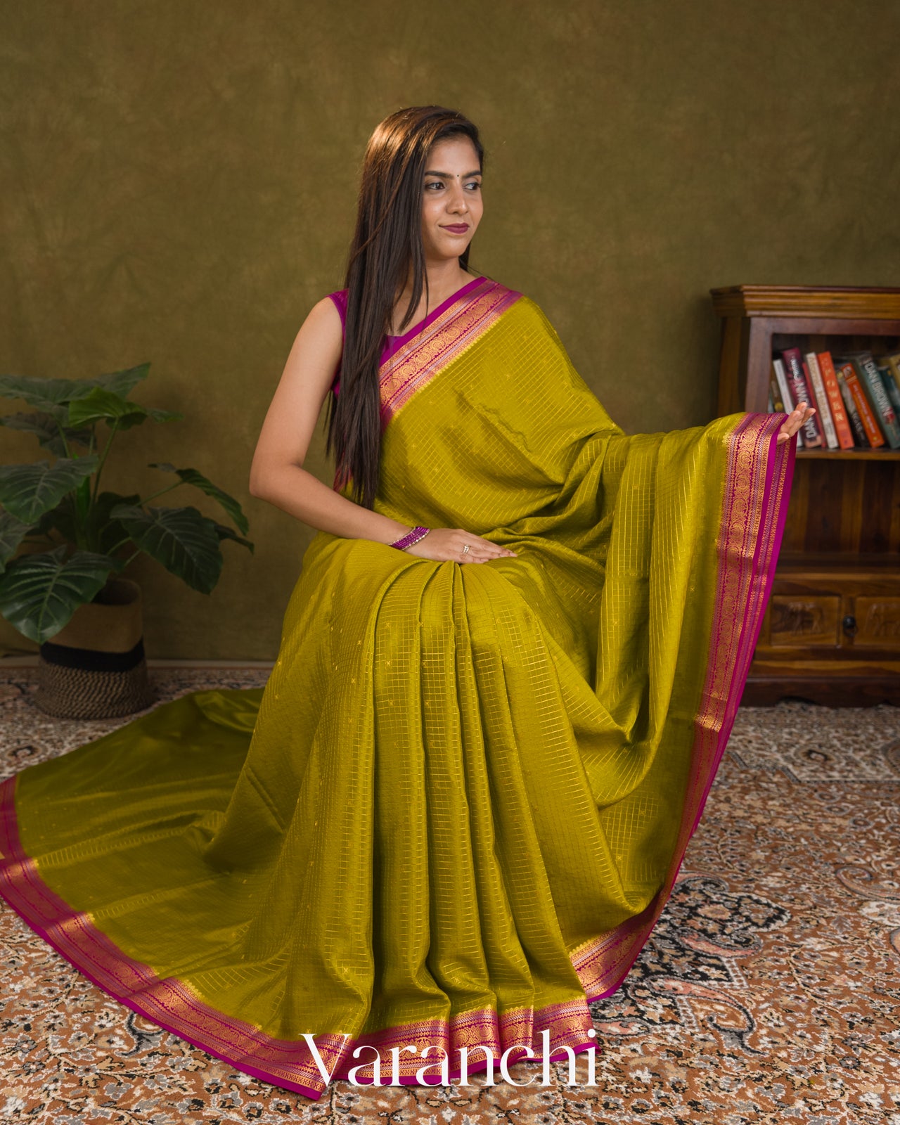 Mehendi Green Checkered Pure Mysore Crepe Silk Saree