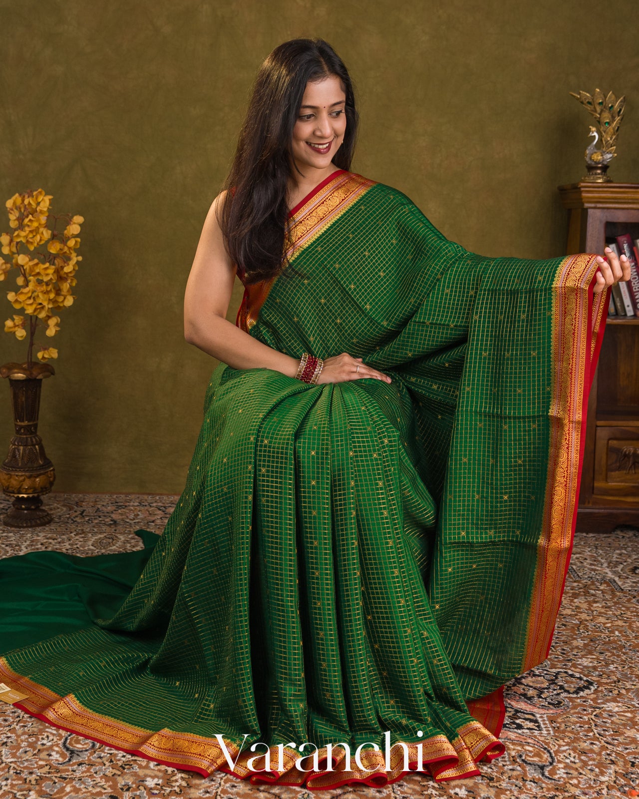 Bottle Green Checkered Pure Mysore Crepe Silk Saree