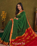 Bottle Green Checkered Pure Mysore Crepe Silk Saree