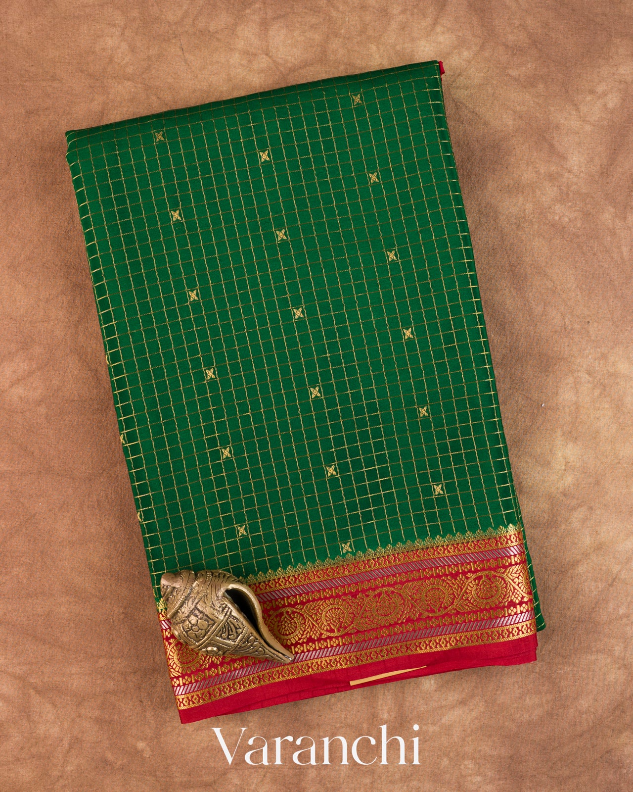 Bottle Green Checkered Pure Mysore Crepe Silk Saree