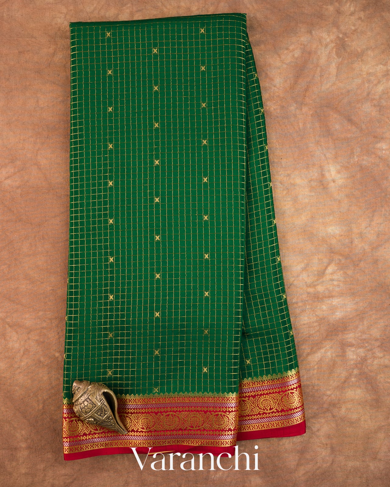 Bottle Green Checkered Pure Mysore Crepe Silk Saree