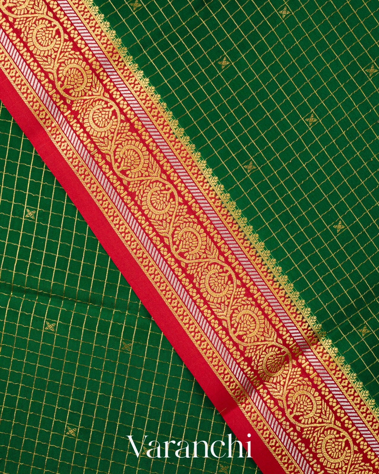 Bottle Green Checkered Pure Mysore Crepe Silk Saree