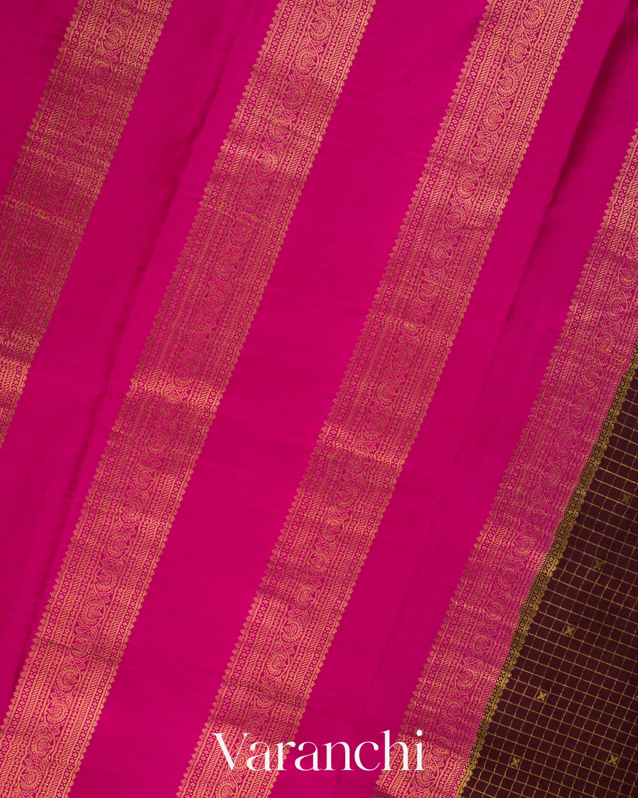 Deep Brown Checkered Pure Mysore Crepe Silk Saree
