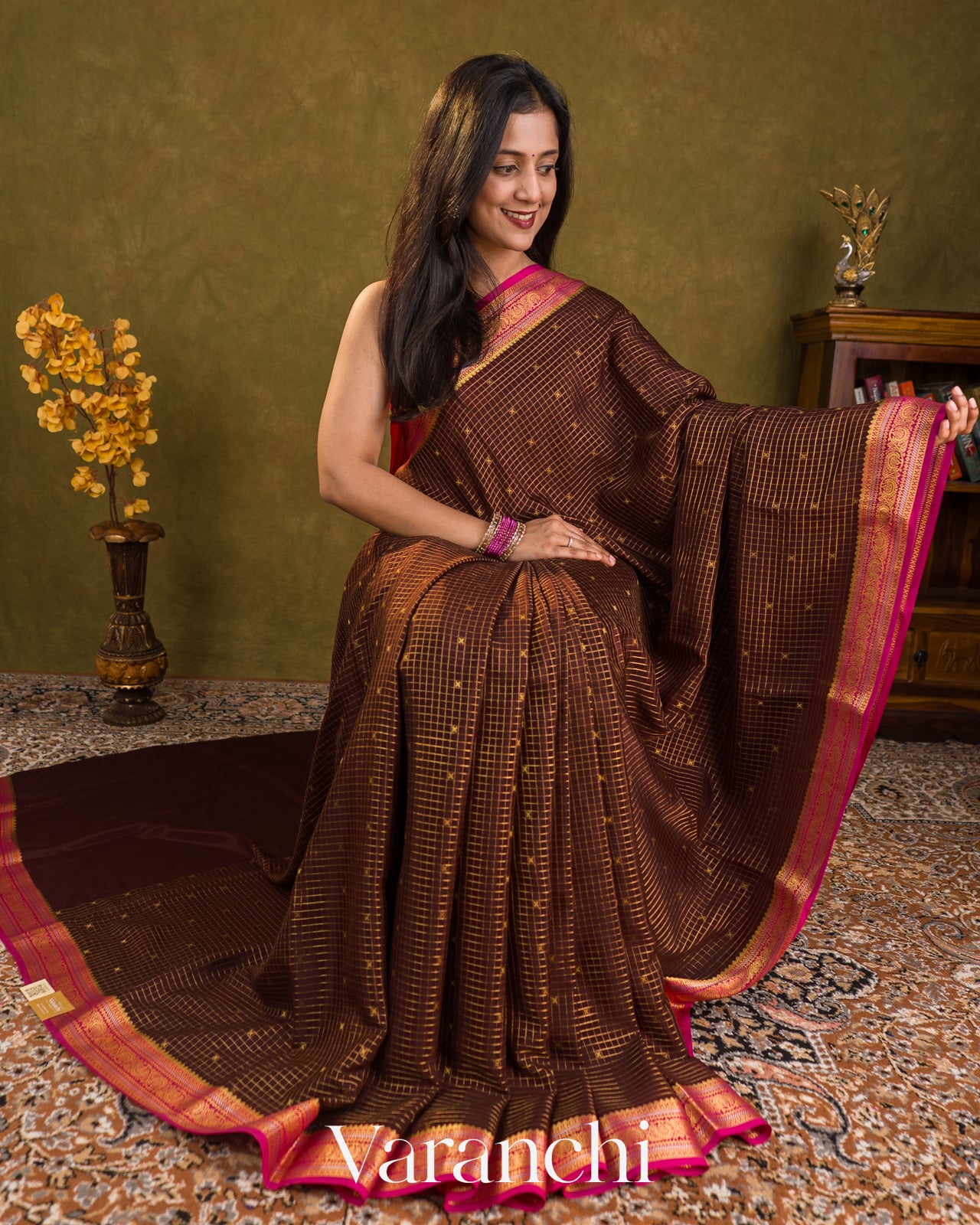Deep Brown Checkered Pure Mysore Crepe Silk Saree