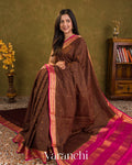 Deep Brown Checkered Pure Mysore Crepe Silk Saree