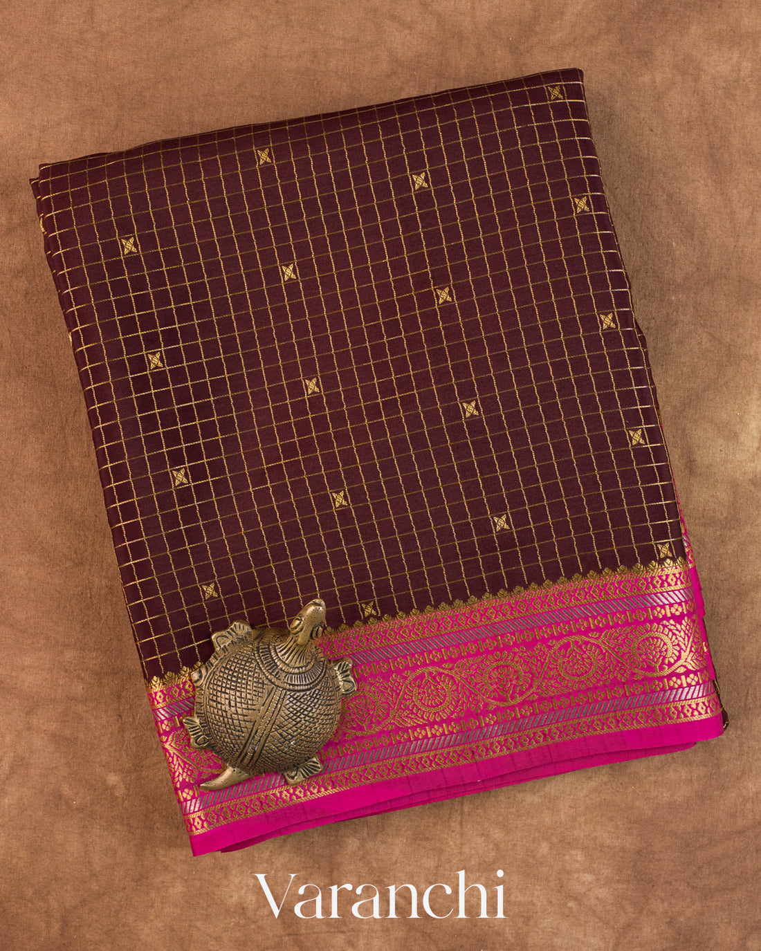 Deep Brown Checkered Pure Mysore Crepe Silk Saree
