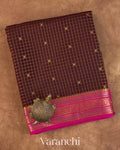 Deep Brown Checkered Pure Mysore Crepe Silk Saree