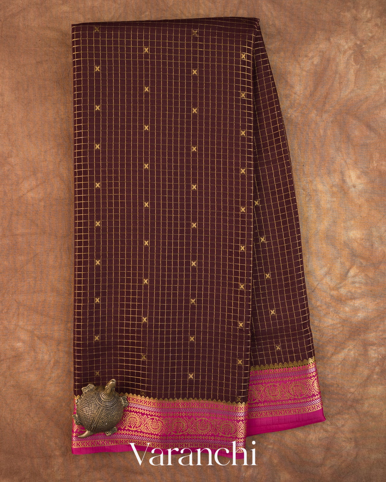 Deep Brown Checkered Pure Mysore Crepe Silk Saree