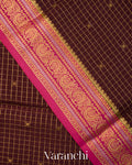 Deep Brown Checkered Pure Mysore Crepe Silk Saree