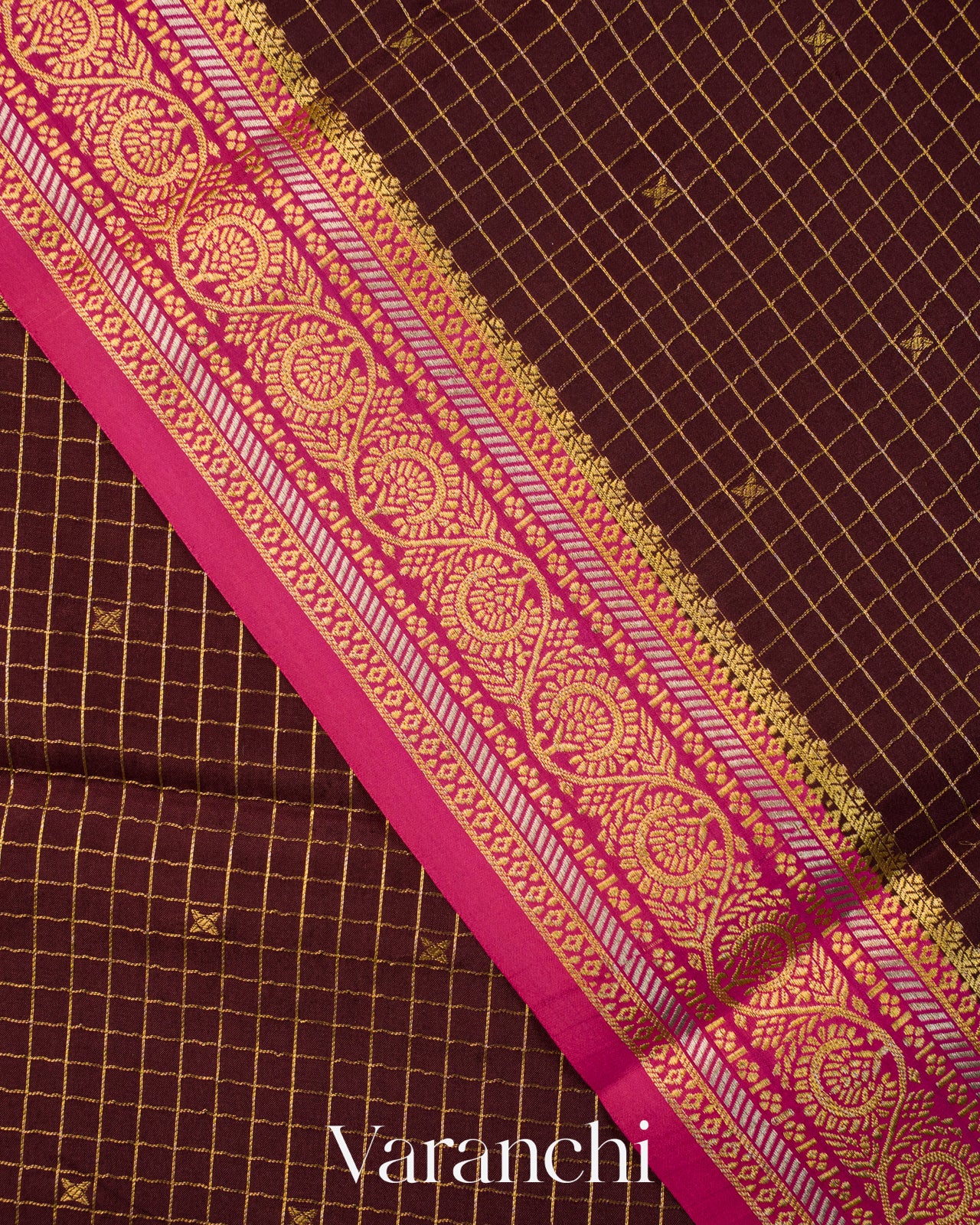 Deep Brown Checkered Pure Mysore Crepe Silk Saree