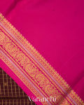 Deep Brown Checkered Pure Mysore Crepe Silk Saree
