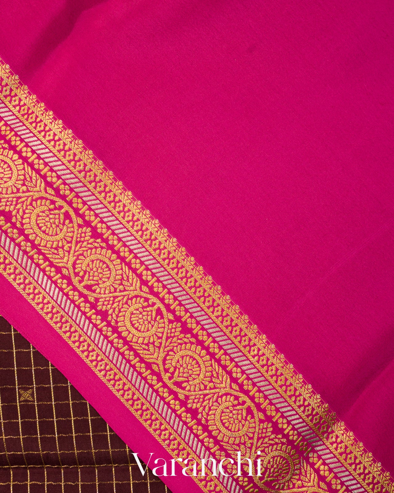 Deep Brown Checkered Pure Mysore Crepe Silk Saree