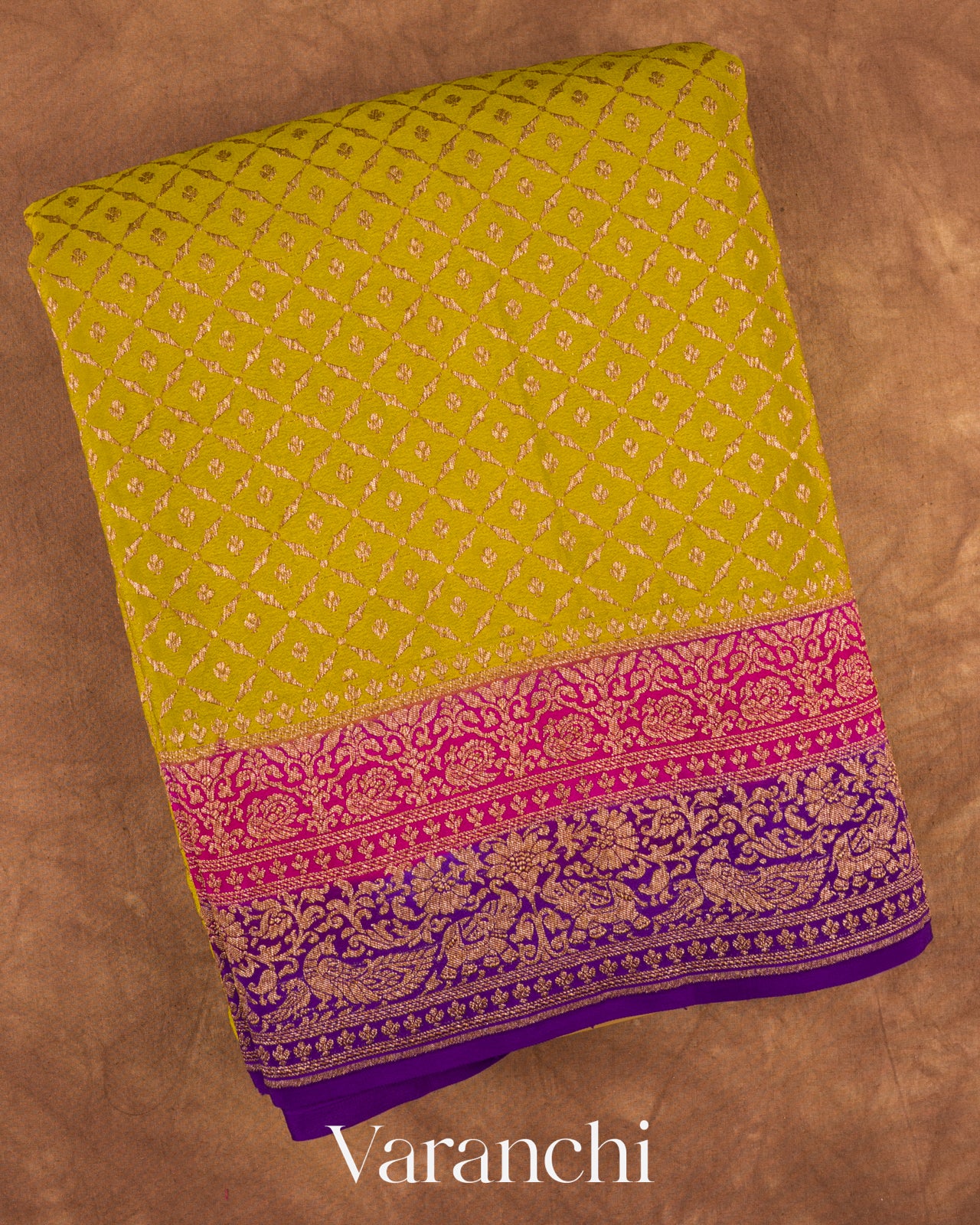 Lime Yellow Diamond Jaal Pure Crepe Silk Handloom Saree