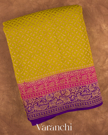Lime Yellow Diamond Jaal Pure Crepe Silk Handloom Saree