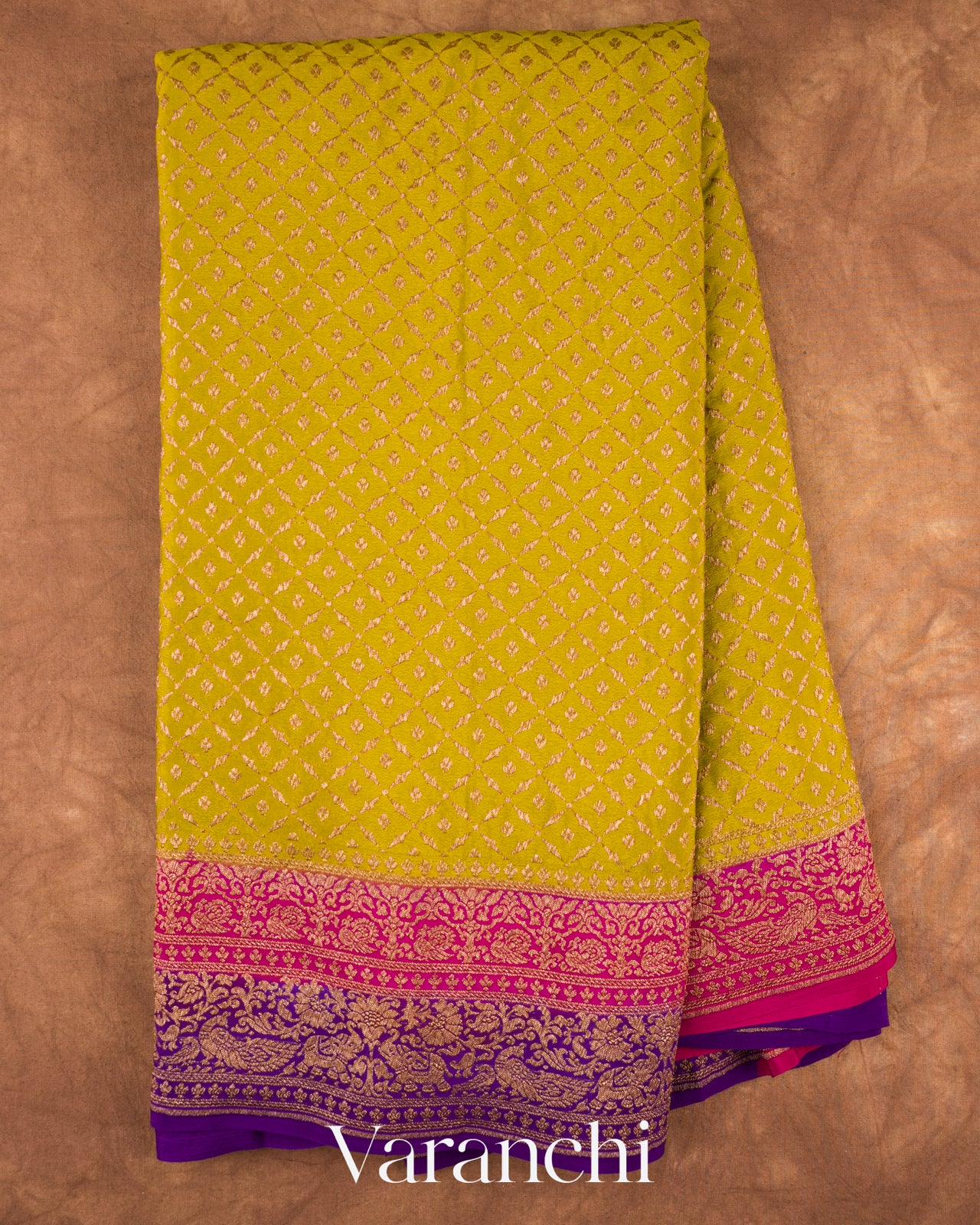 Lime Yellow Diamond Jaal Pure Crepe Silk Handloom Saree