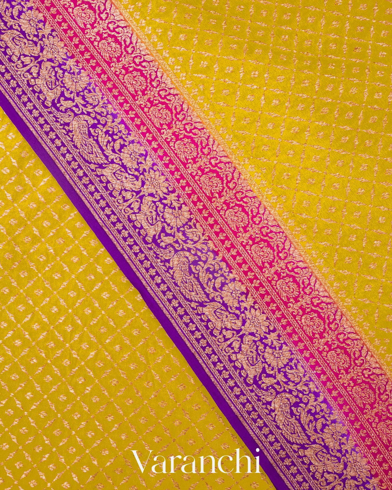 Lime Yellow Diamond Jaal Pure Crepe Silk Handloom Saree