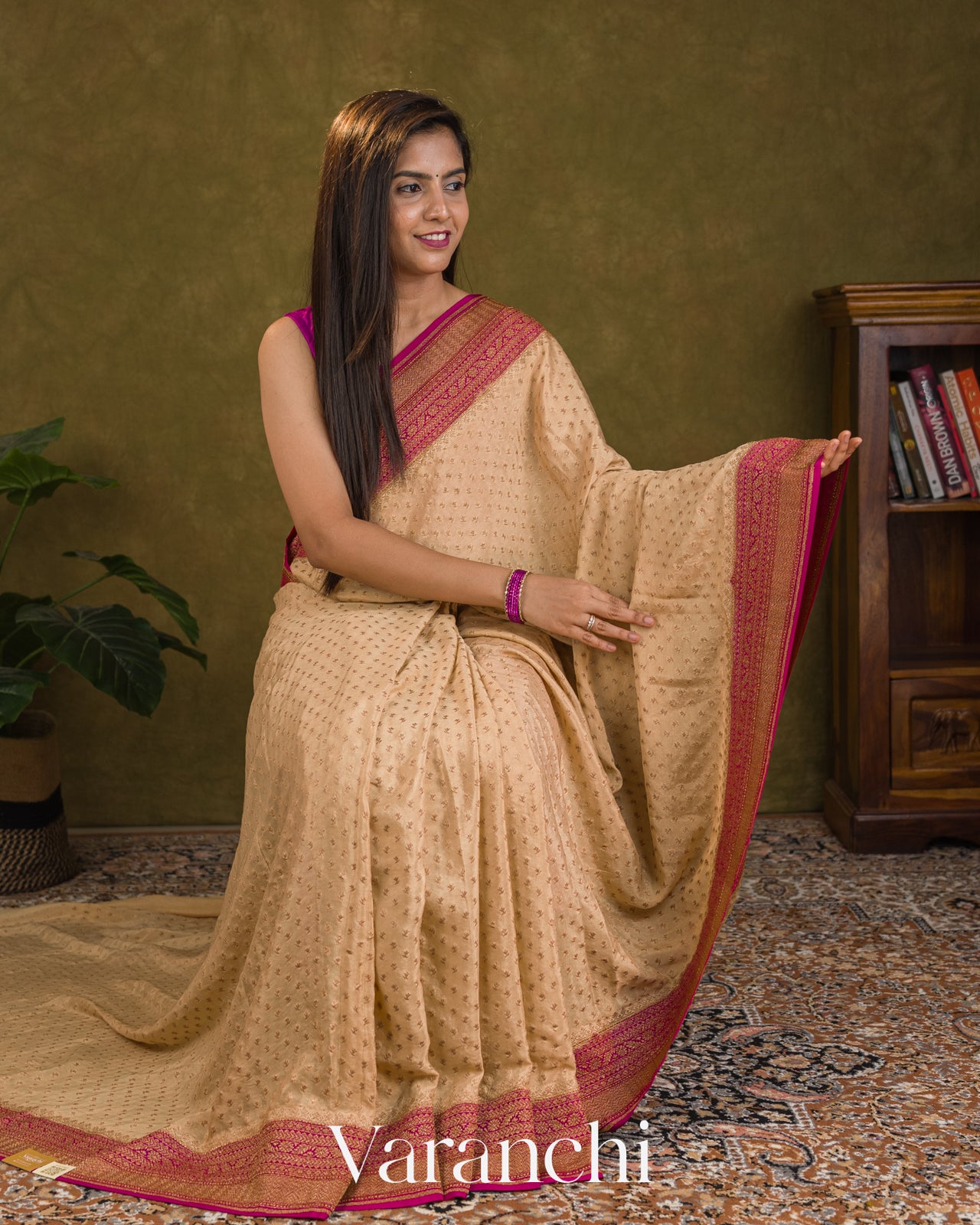 Beige Pure Crepe Silk Handloom Saree
