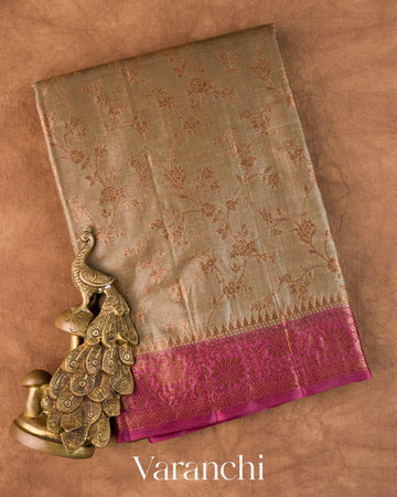 Warm Grey Floral Jaal Pure Tussar Silk Saree