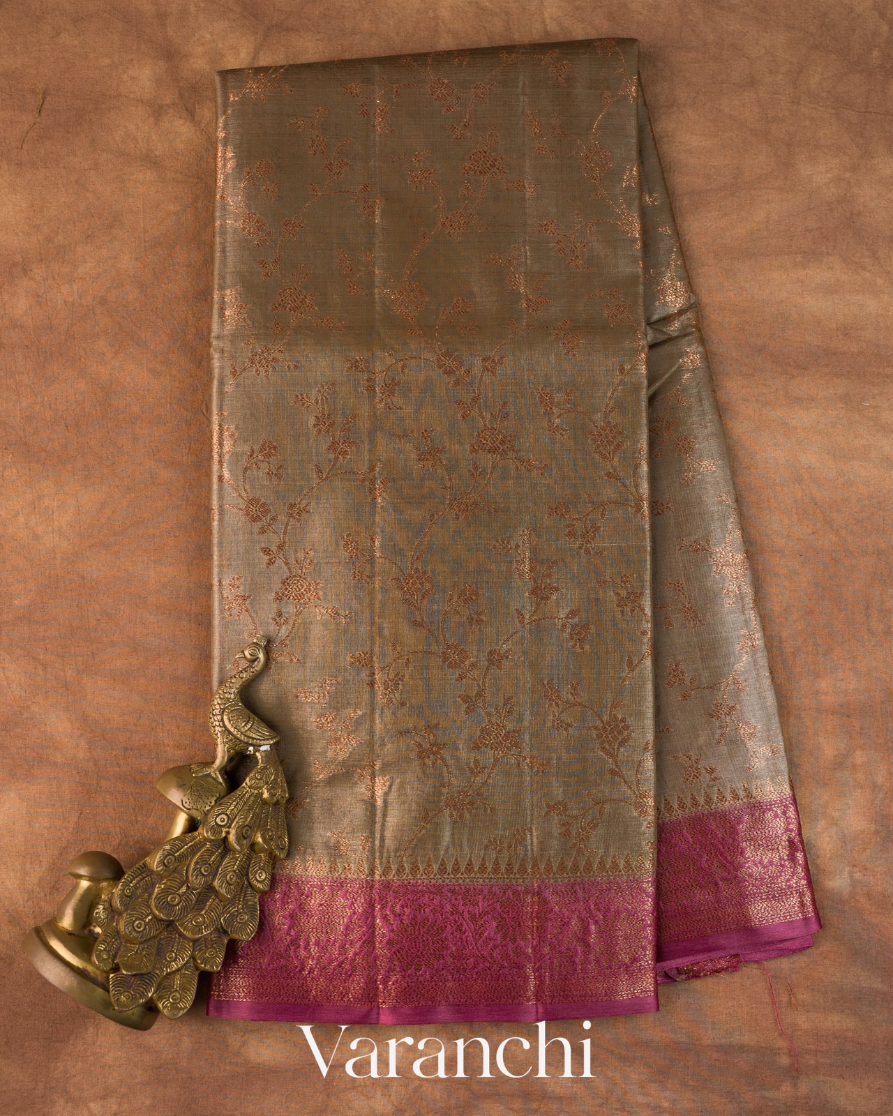 Warm Grey Floral Jaal Pure Tussar Silk Saree