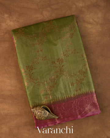 Olive Green Floral Jaal Pure Tussar Silk Saree
