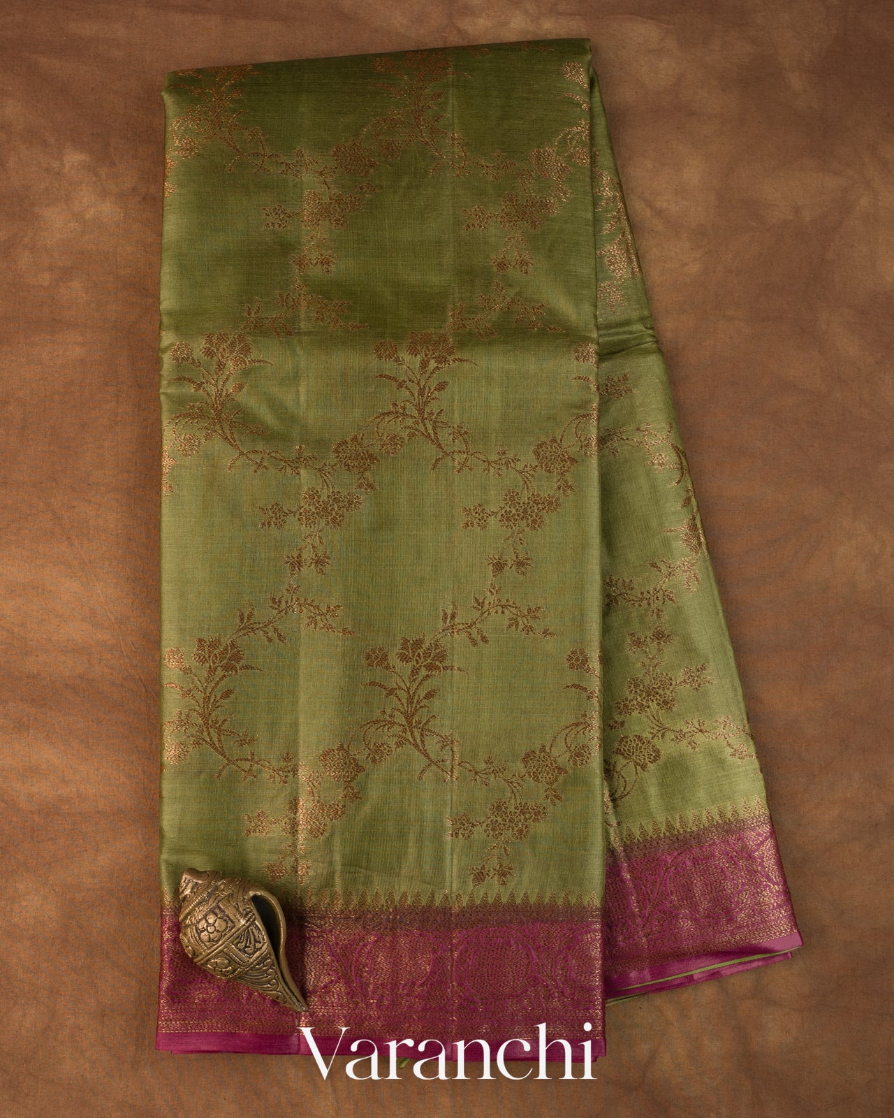 Olive Green Floral Jaal Pure Tussar Silk Saree