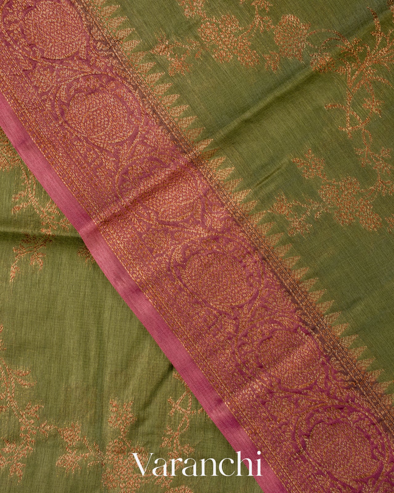 Olive Green Floral Jaal Pure Tussar Silk Saree