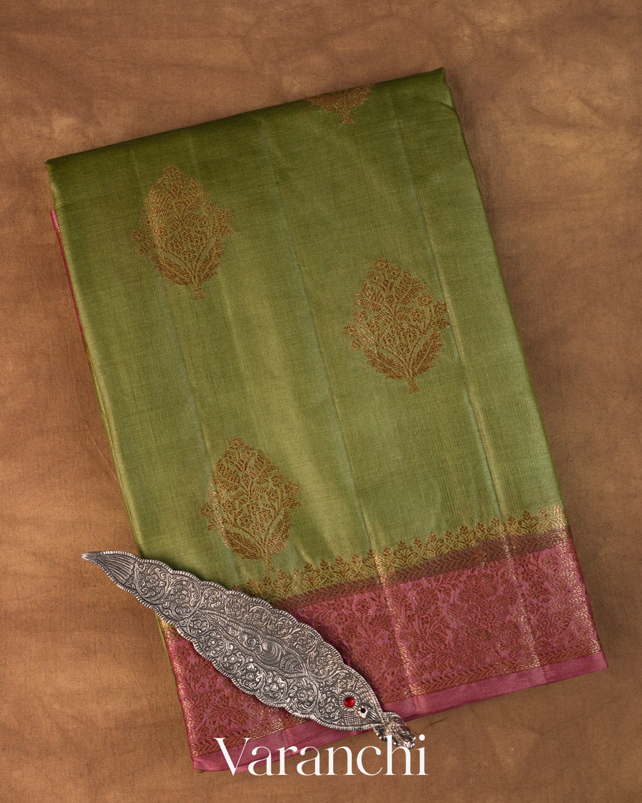 Olive Green Pure Tussar Silk Handloom Saree